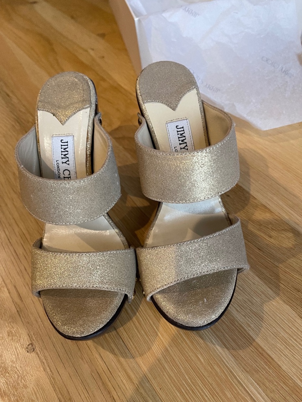 Jimmy Choo, Gold Suede Ulrika Heels, NEVER WORN, size US 5, EU 35